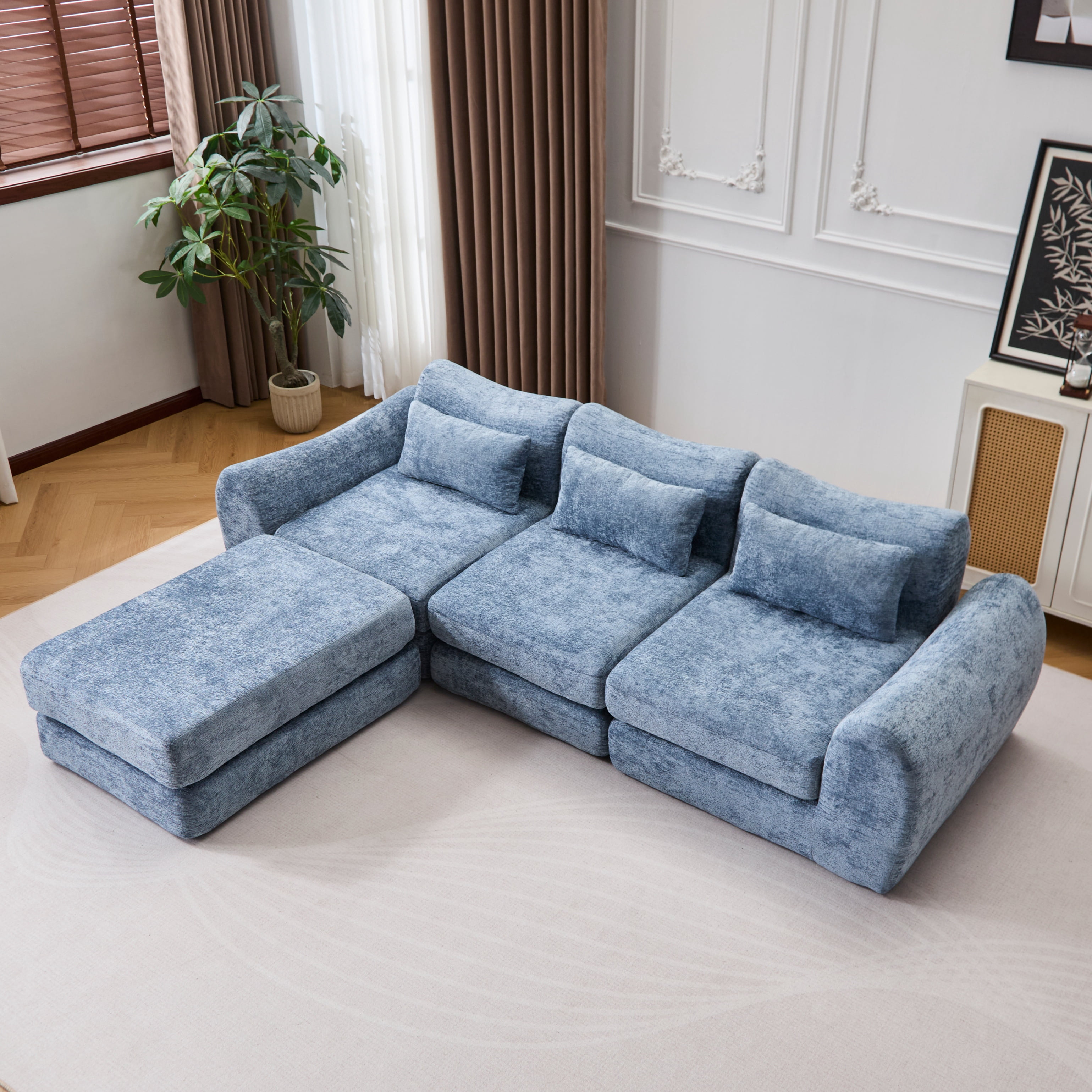 BSHTI Foldable Wave Star Modular Sofa, Chenille Fabric, 4-in-1 Modern Couch for Living Room, Modular Sectional Sofa with Chaise, Free Combination 3 Seater Sofa, Blue