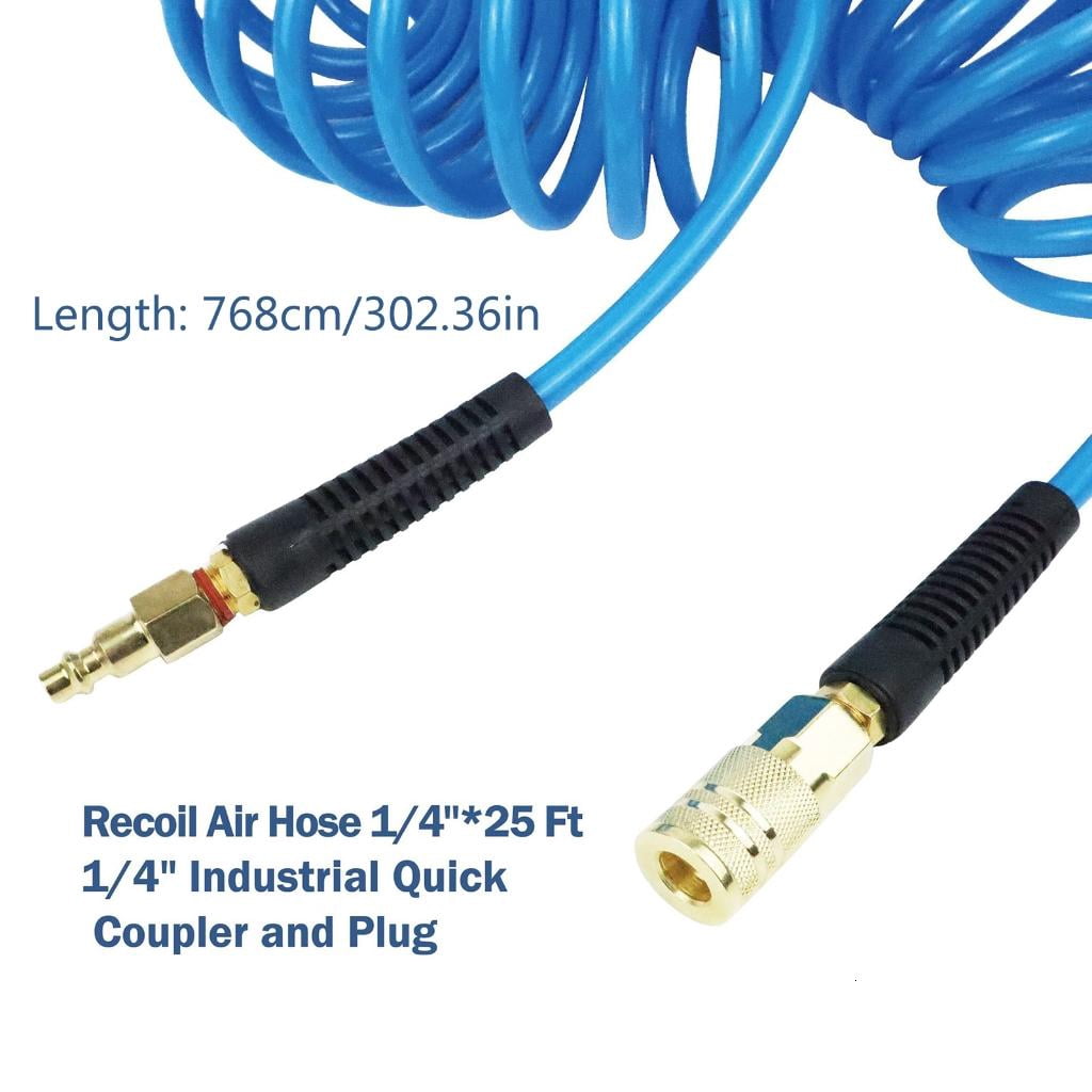 1/4in Polyurethane Recoil Air Hose Air Compressor Hose with Bend Restrictors & 1/4" Industrial Quick Coupler and Plug