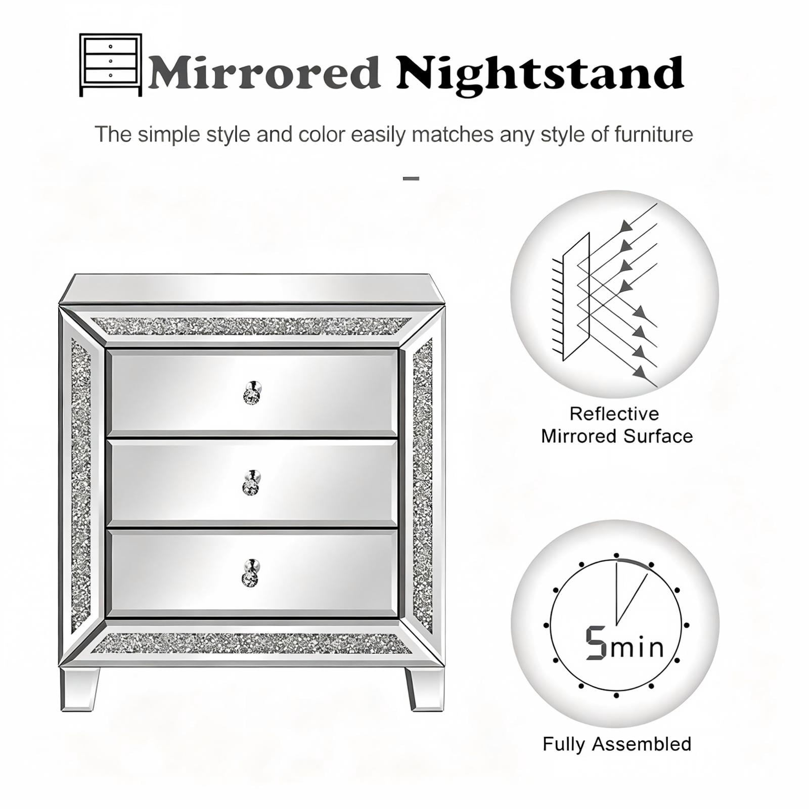 3-Drawer Mirrored Nightstand with Diamond Accents, MDF Bedside Table and Storage Cabinet, for Bedroom, Sofa Side, Entryway