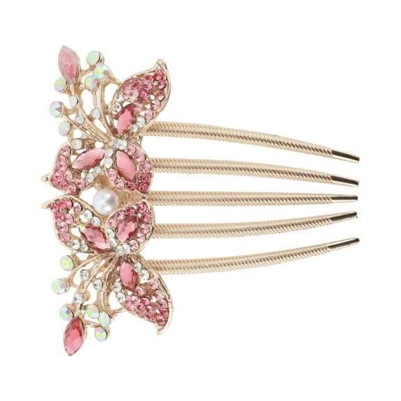 1 Pc Women Two Flowers Hair Insert Comb for Straight Thick Wavy Curly Hair Red Alloy Rhinestone