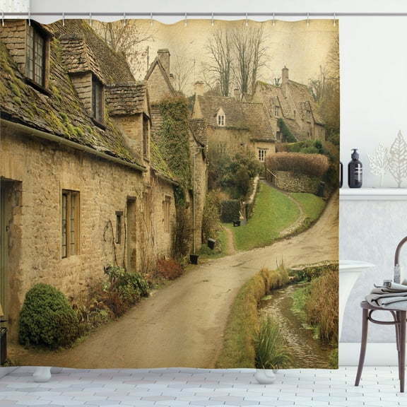 European Shower Curtain, British Town with Stone Houses Retro England Countryside Buildings Image Print, Cloth Fabric Bathroom Decor Set with Hooks, 70" Long, Grey Green by Ambesonne