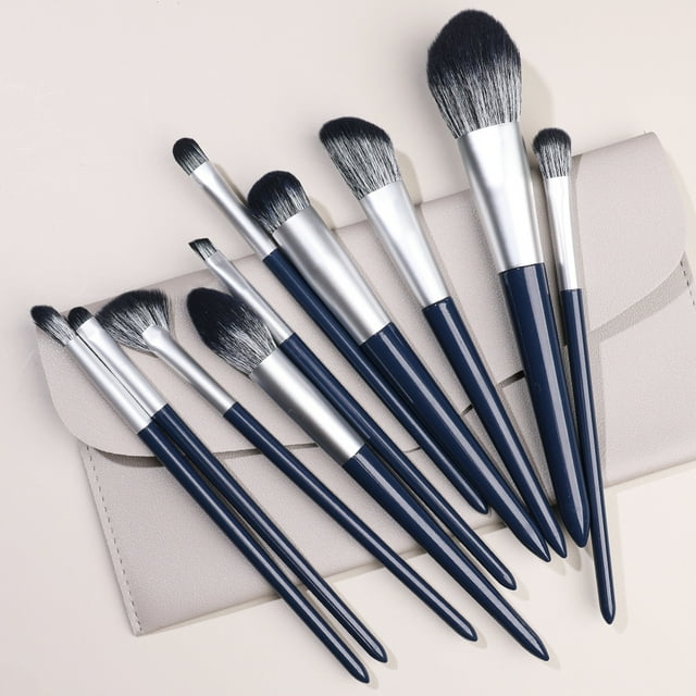 Nvzi Juego de 10 brochas de maquillaje para base, polvos, correctores, sombras de ojos, colorete, brochas de maquillaje azules Nvay con bolsa de almacenamiento gris