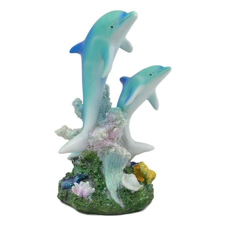 Porcelain Dolphin Figurines Ebros Sea World Two Bottlenose Dolphins Swimming By Coral Reefs Statue 5.5