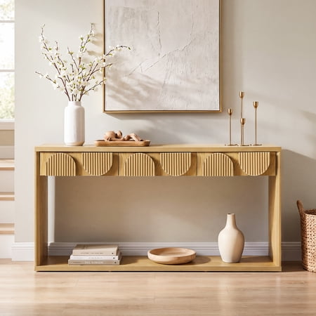 MIYZEAL Farmhouse Console Table with Drawers Wood Entryway Sofa Table with Bottom Open Shelf Decorative Fluted Accent Table for Hallway and Living Room Natural Oak
