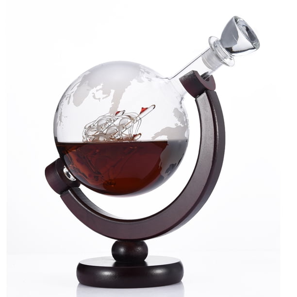 Juego De Decantador Globo De Whisky 850 Ml Con Soporte De Madera: Regalo Premium Para Hombre, Accesorios De Bar Para Licor Y Bourbon (Incluye Embudo Y Tapón)