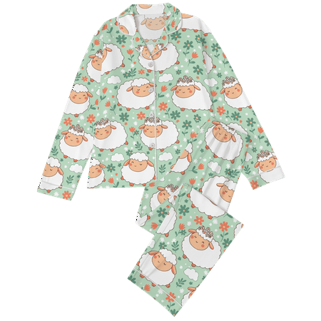 Lotusprinthandmade Cute Sheep All-over Print Satin Pajamas Set (XL) - Cute Animal Sheep Pajamas
