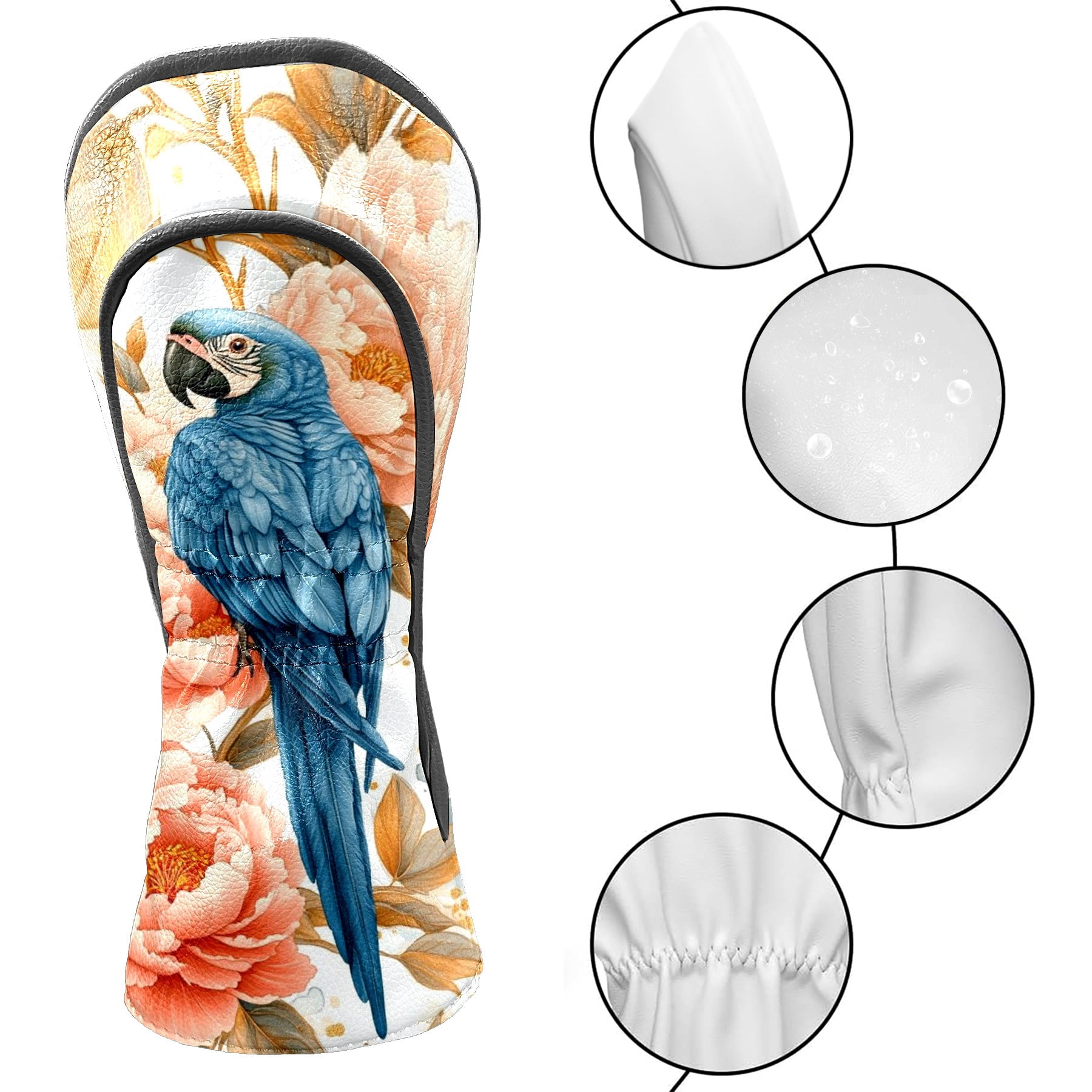 Golf Club Head Covers - Parrot & Peony Design, PU Leather, Waterproof, Fits Fairway Woods/Hybrid, Unisex, Fits Most Brands