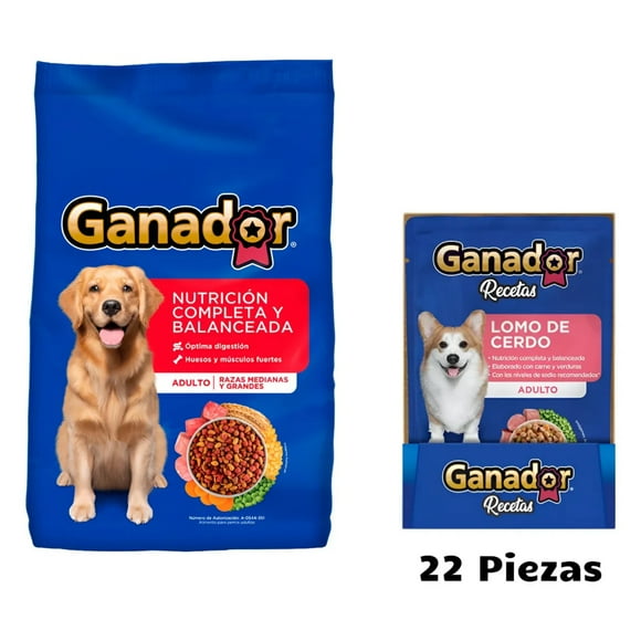 Ganador Adulto 25 kg + Sobre Lomo de Cerdo 100 g (22 Pzas)