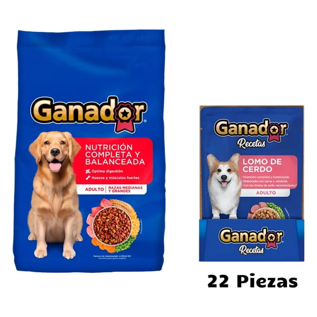 Ganador Adulto 25 kg + Sobre Lomo de Cerdo 100 g (22 Pzas)
