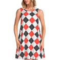 thumbnail image 1 of Balery Red and black argyle Vestidos de verano para mujer con estampado: vestido holgado sin mangas, vestido playero informal y cómodo para días calurosos., 1 of 7