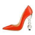 thumbnail image 2 of FSJ Women Classic Pearls Block High Heels Pumps Pointed Closed Toe Slip On Ladies Office Party Sexy Dressy Slide Shoes Size 8 Orange, 2 of 5