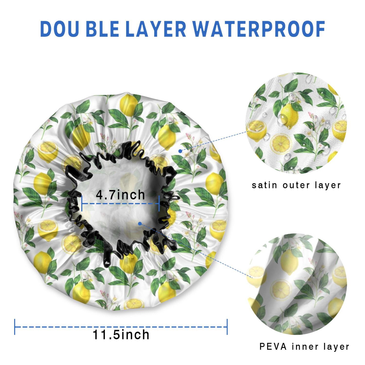 Shower Caps,Yellow Lemon Fruit Slices White Pattern Waterproof Shower Cap for Women 4 Pieces,Double Reusable Hair Cover for Shower PEVA Elastic Stretch Hem