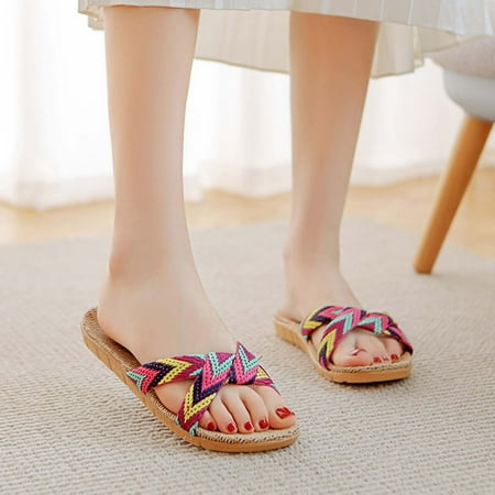 

Hvyesh Sandals for Women Casual Summer Fashion Anti-slip Linen Home Indoor Open Toe Flat Shoes Beach Slippers Size 4.5