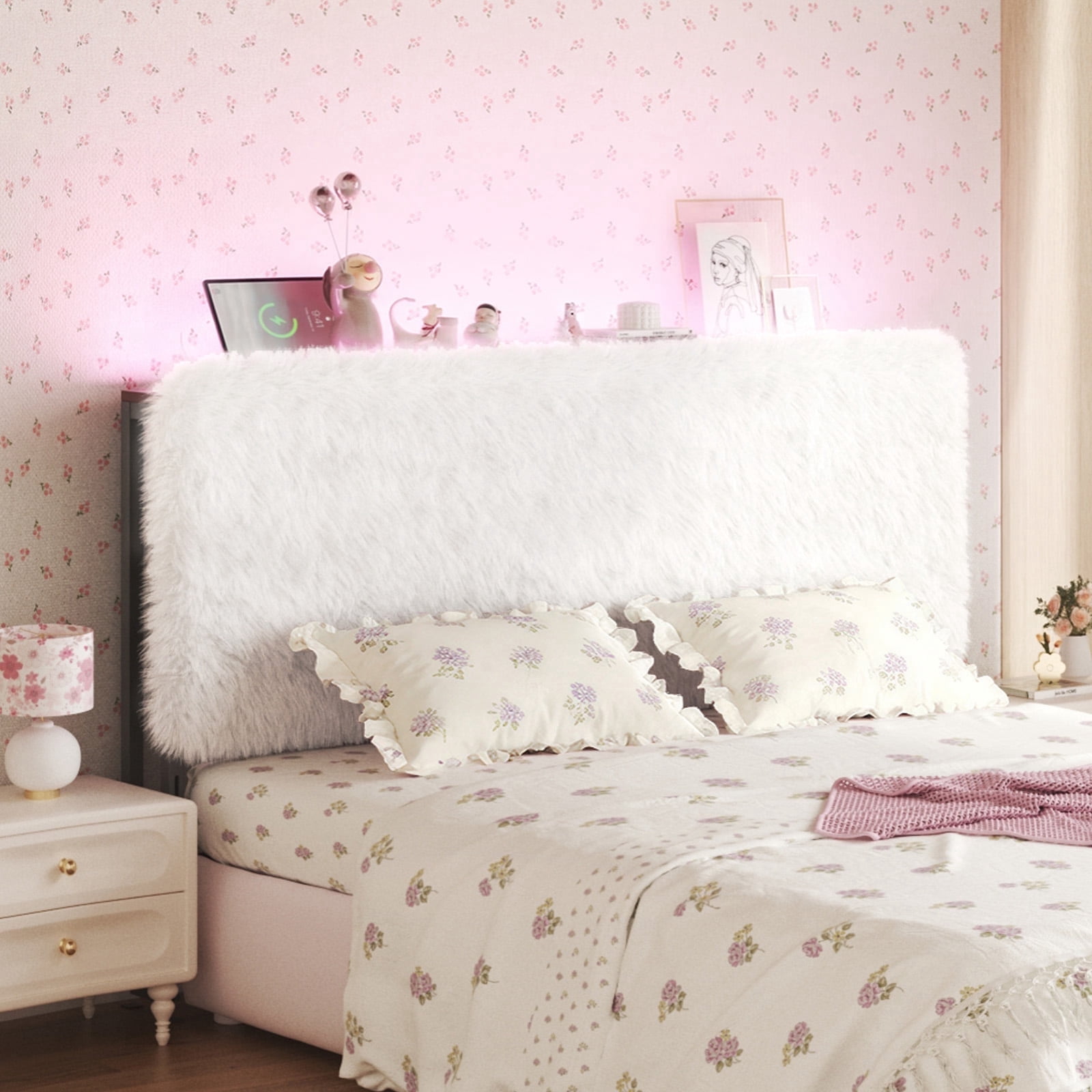 Patbrela Princess Headboard Queen Size for Girls, Upholstered Plush Headboard with LED Light and Charging Station, 42.1" to 46.1" Adjustable Height, Beige