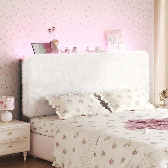 Patbrela Princess Headboard Queen Size for Girls, Upholstered Plush Headboard with LED Light and Charging Station, 42.1" to 46.1" Adjustable Height, Beige