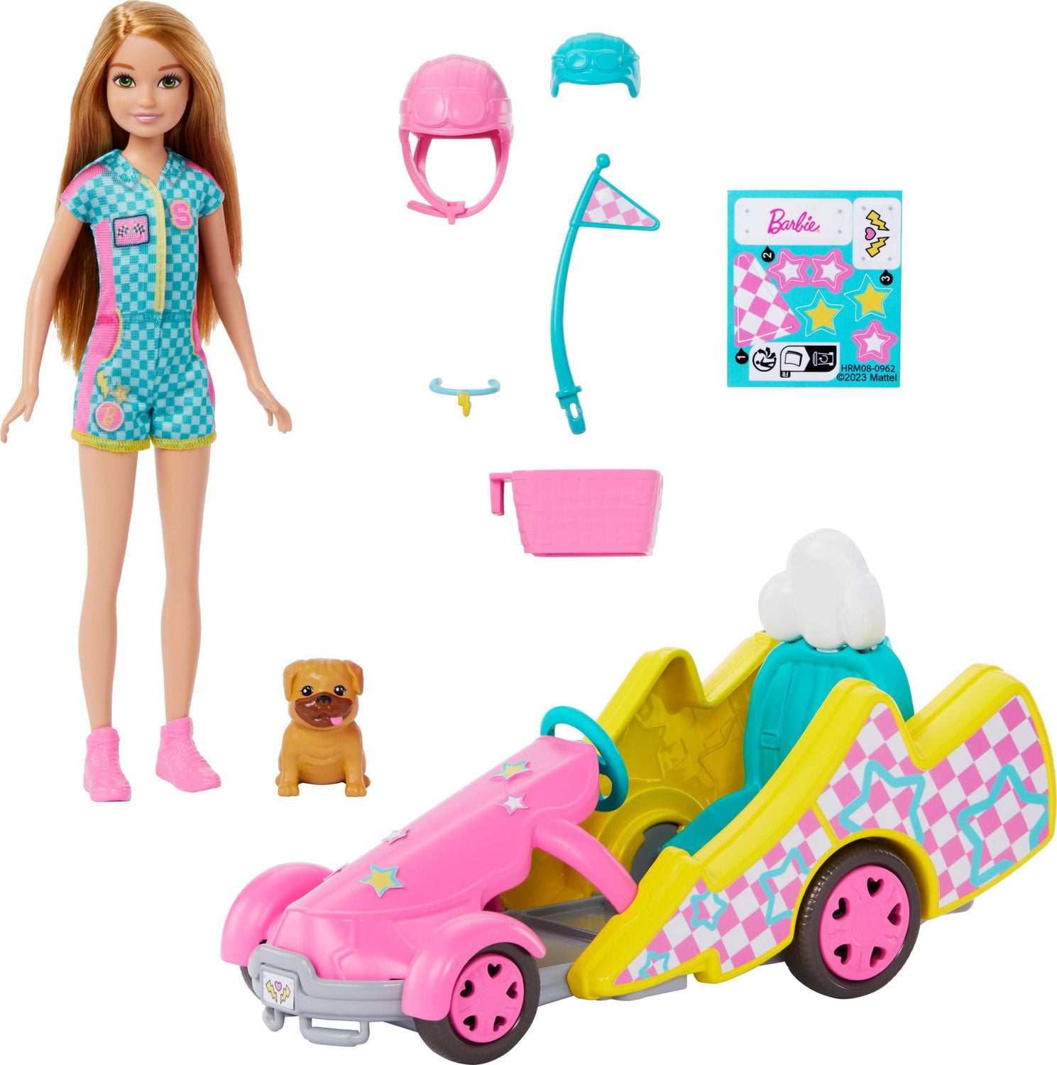Barbie Stacie Racer Doll with Go-Kart Toy Car, Dog, Accessories, & Sticker Sheet