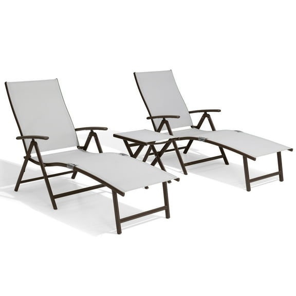 Pellebant Set of 3 Outdoor Chaise Lounge & Table Set Aluminum Patio Folding Chairs,Light Gray