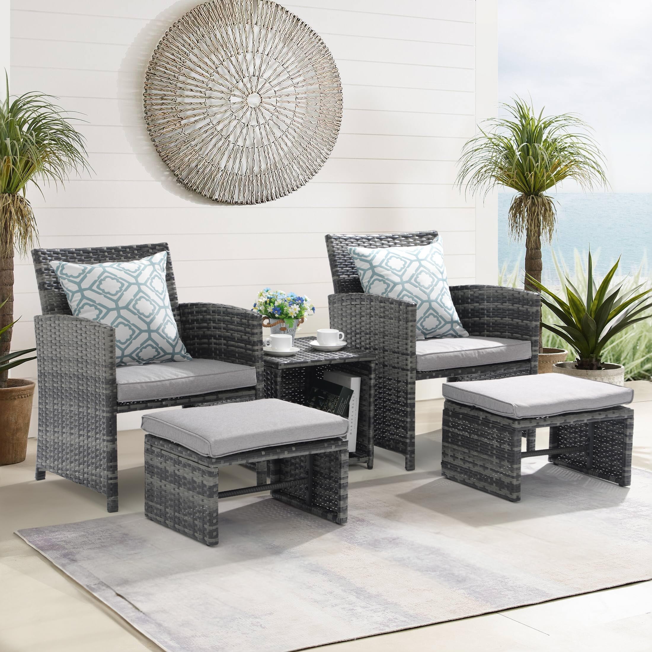 JOIVI 5 Piece Patio Furniture Set, Wicker Outdoor Patio Set with Ottoman and Small Coffee Table, Pillows Included, Light Gray