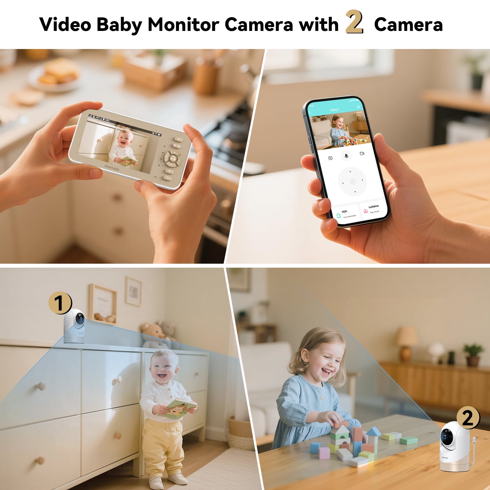 ebemate Video Baby Monitor Camera with Two Camera, 5" LCD Screen Video & Audio No Glow Night Vision,2-Way Talk Audio Cam Baby Monitoring 1500FT Range EBE50P-2