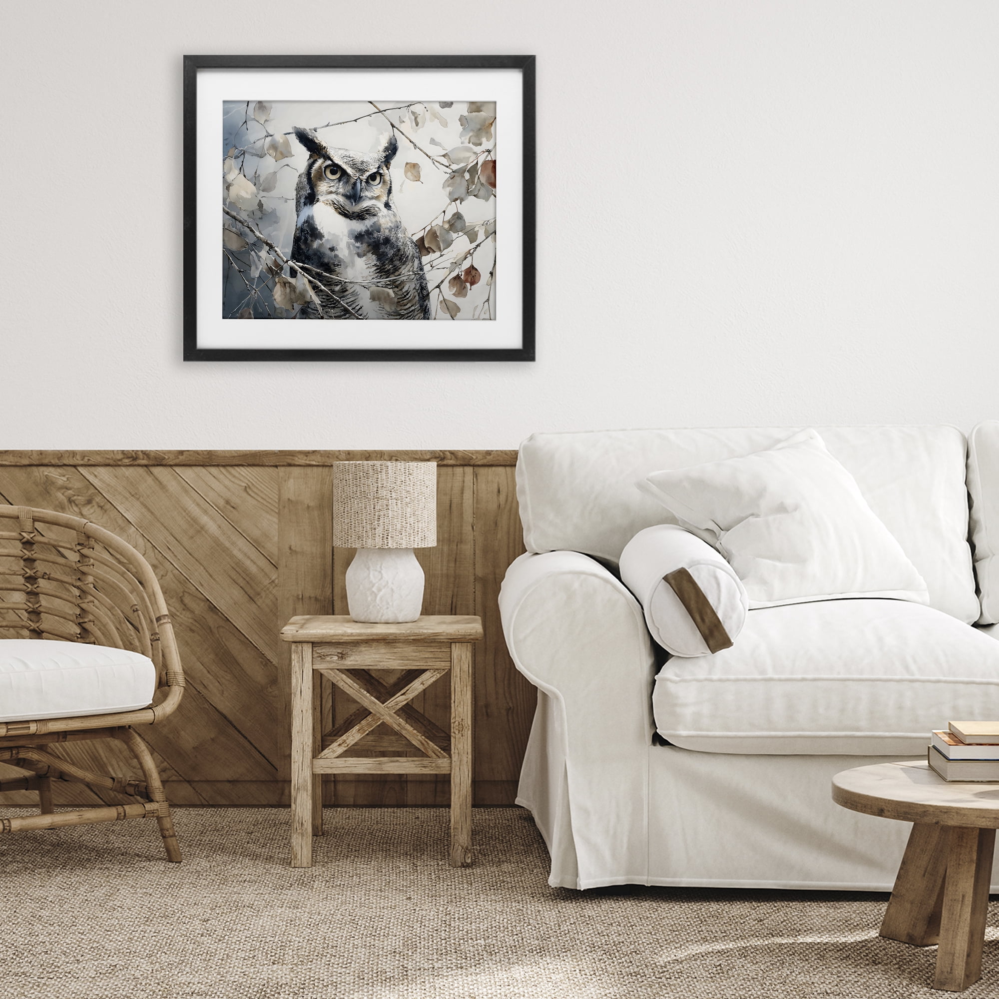 Stupell Industries Horned Owl Perched Black Framed Print Under Glass, design by Franklyn Gregory