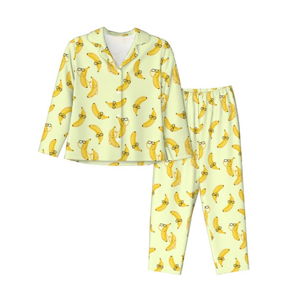 Balery Bananas Conjunto de Pijama con Estampado para Mujer, Conjunto de Dos Piezas con Manga Larga, Ropa de Dormir Suave con Bolsillos, Pijamas Cómodos-Large