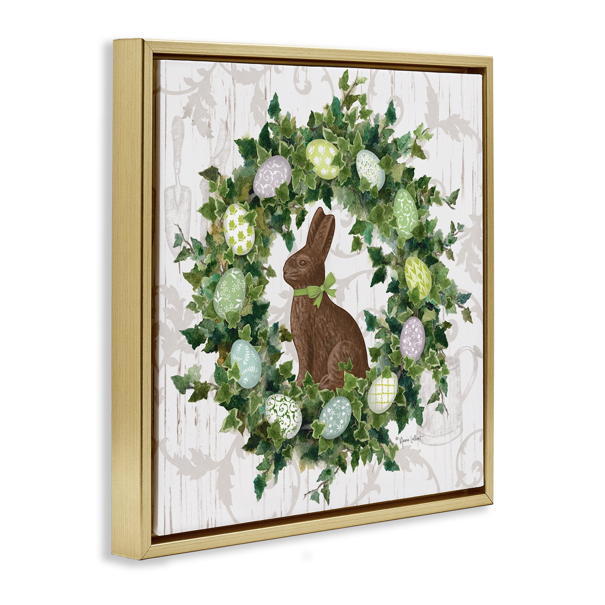 Stupell Industries Spring Easter Egg Wreath Botanical & Floral Painting Gold Floater Framed Canvas Art Print Wall Art, 25 x 25