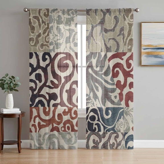 Vintage Abstract Sheer Curtains 72 Inch Length 2 Panels Set Window Treatments, Retro Classic Pattern Texture Light Brown Rod Pocket Semi Curtains for Living Room/Bedroom/Kitchen Décor, 104"W x 72"L