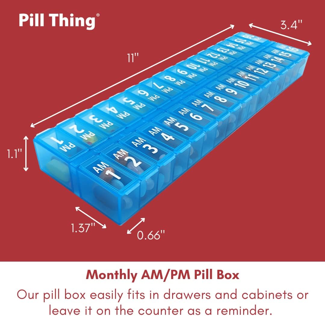 Pill Thing Twice-a-Day Monthly Medication Organizer with Compartments - 31 Day AM/PM (Blue)