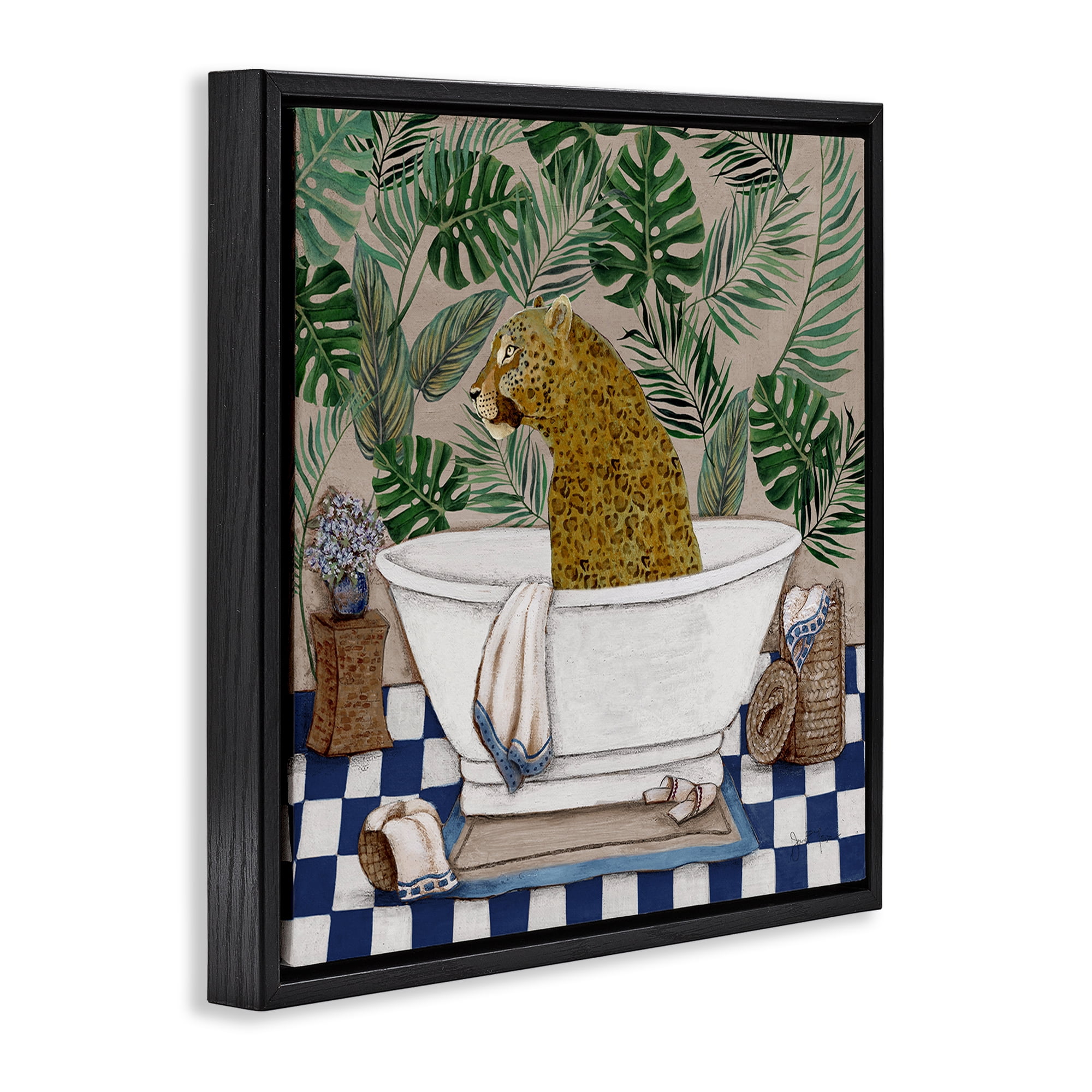 Stupell Industries Leopard in Tropical Bathtub Black Framed Floater Canvas Wall Art, design by Janet Tava