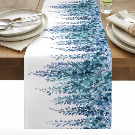 Teal Eucalyptus Leaf Cotton Linen Table Runner Spring Blending Vine Plant Watercolor Dining Table Runners for Home Decor Party Dining Room Restaurant Kitchen 13 x 72