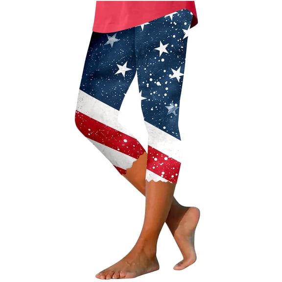 qelini Capri Leggings for Women Plus Size July 4th Capris Pants High Waist Print Ankle Pants Daily Wear