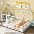 thumbnail image 3 of Jopath Full Size House Floor Wooden Bed with Roof Frame, Safety Guardrails for Boys Girls Whtie, 3 of 9