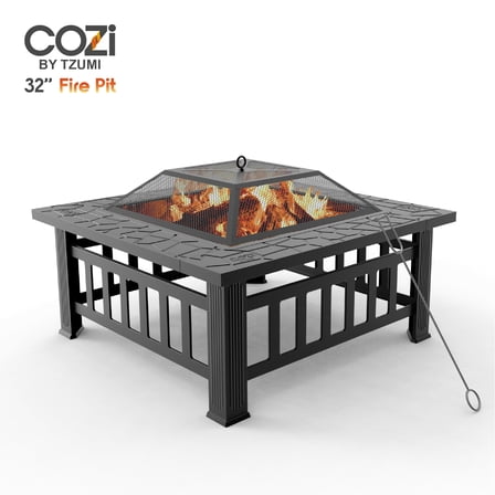 Cozi by Tzumi Outdoor Square Wood Fire Pit Table with BBQ Grill for Camping and Outdoor Decor, 32”