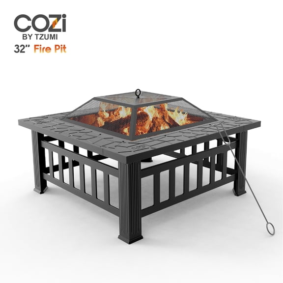 Cozi by Tzumi Outdoor Square Wood Fire Pit Table with BBQ Grill for Camping and Outdoor Decor, 32”
