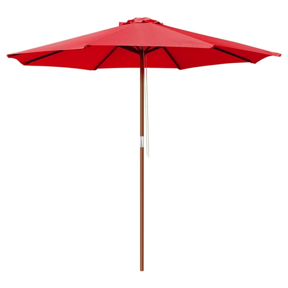 Yescom 9ft Wooden Outdoor Patio Red Umbrella W/ Pulley Market Garden Yard Beach Deck Cafe Sunshade