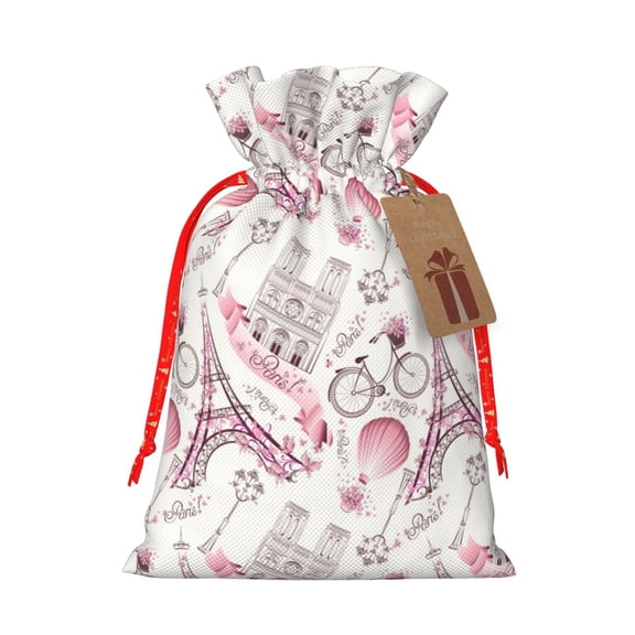Fuzoiu Romantic Travel In Paris Print Christmas Gift Bag,Burlap Gift Bag with Drawstring Closure & Hang Tag,Perfect for Holidays, Birthdays, and Special Occasions-Small