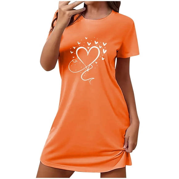 Satin Nightgown Women Nightgowns, Soft Comfy Lightweight Short Sleeves Sleepdress Comfy Ladies Heart Printed Nightdress Gowns for Women Sleepwear Dress Orange S