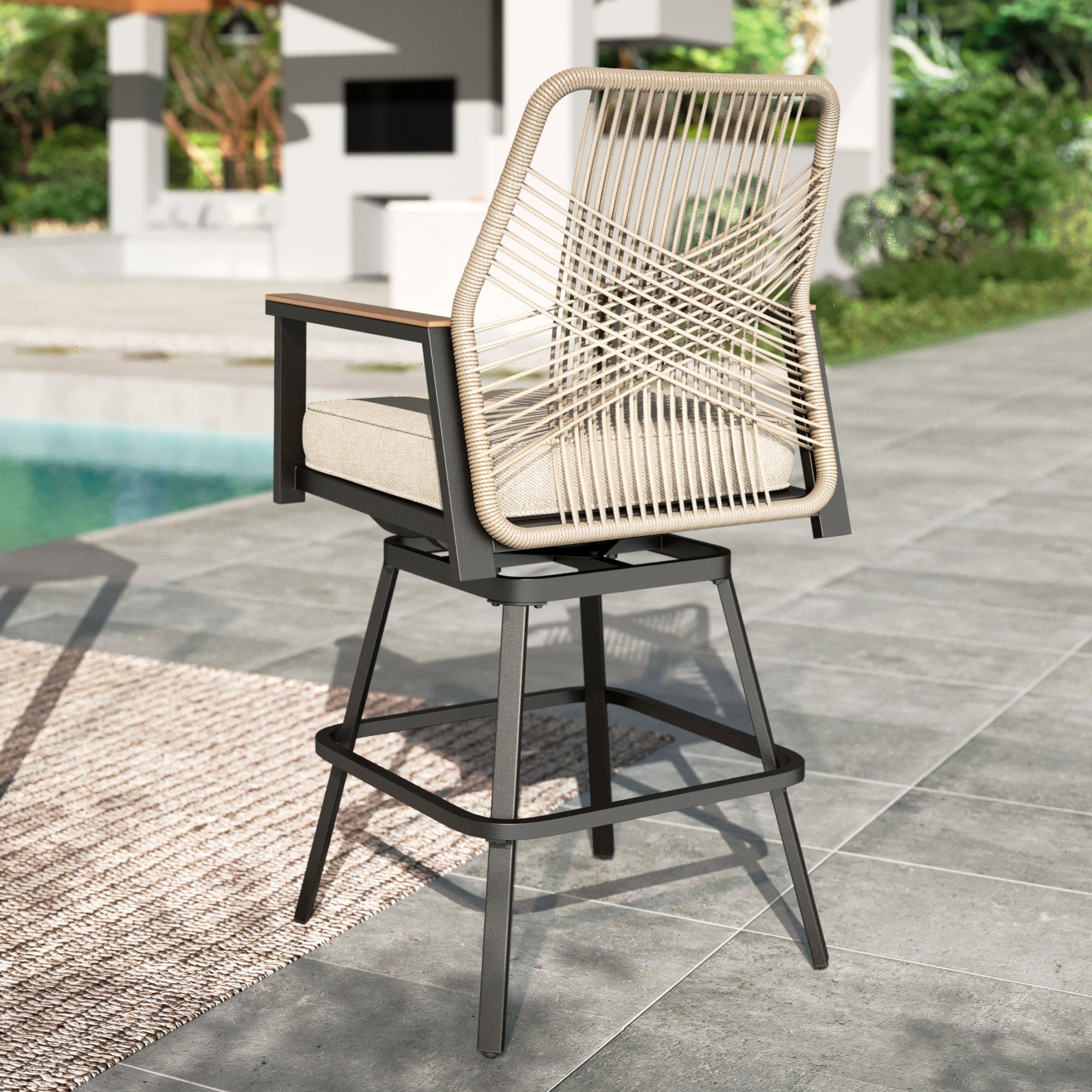 MF Studio 3-Piece Outdoor Patio Swivel Bar Set, All-Weather Rattan Bistro Set Dining Set with Removable Cushions, Square Bar Table