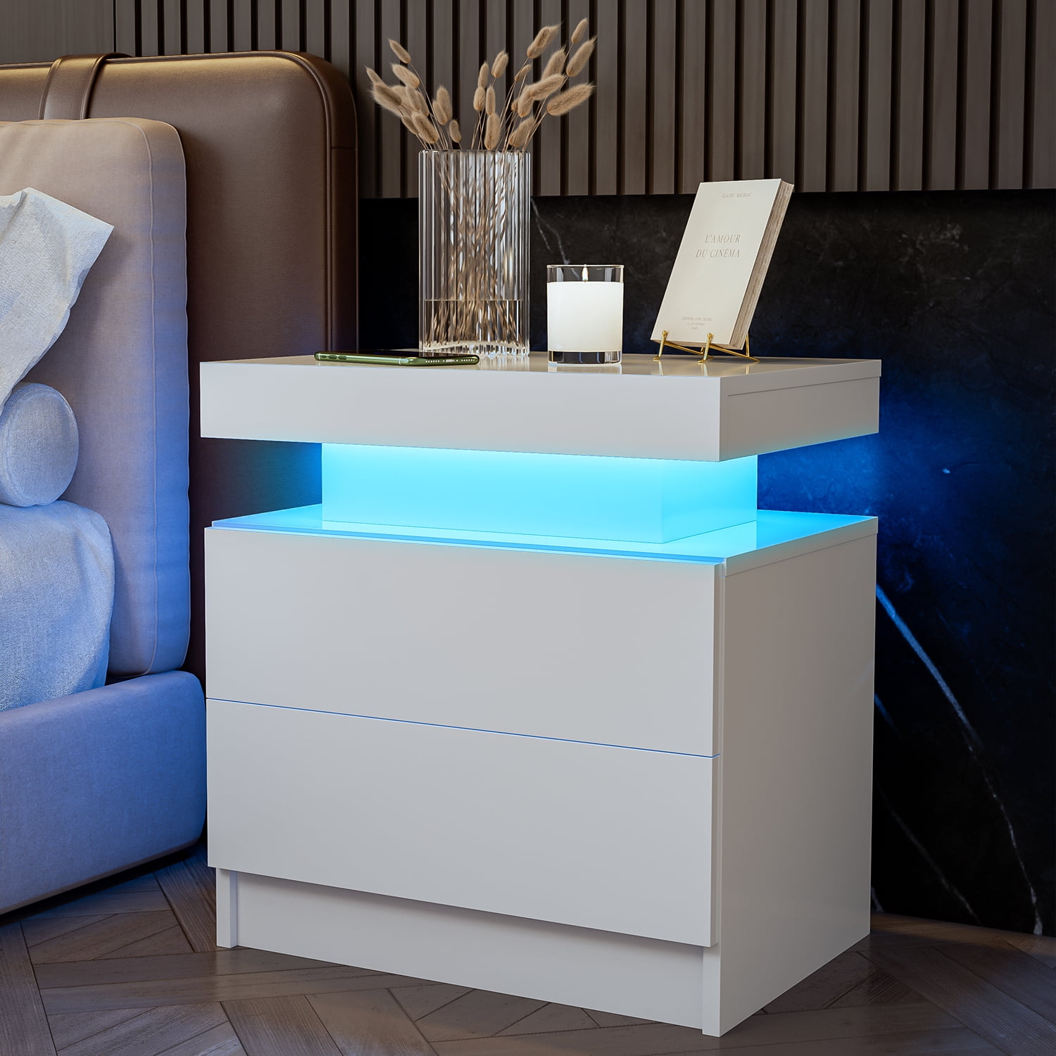 Cubehom LED Nightstand Set of 2 Modern Wood Bedside Table with 2 Drawers Table for Adults Bedroom Room White