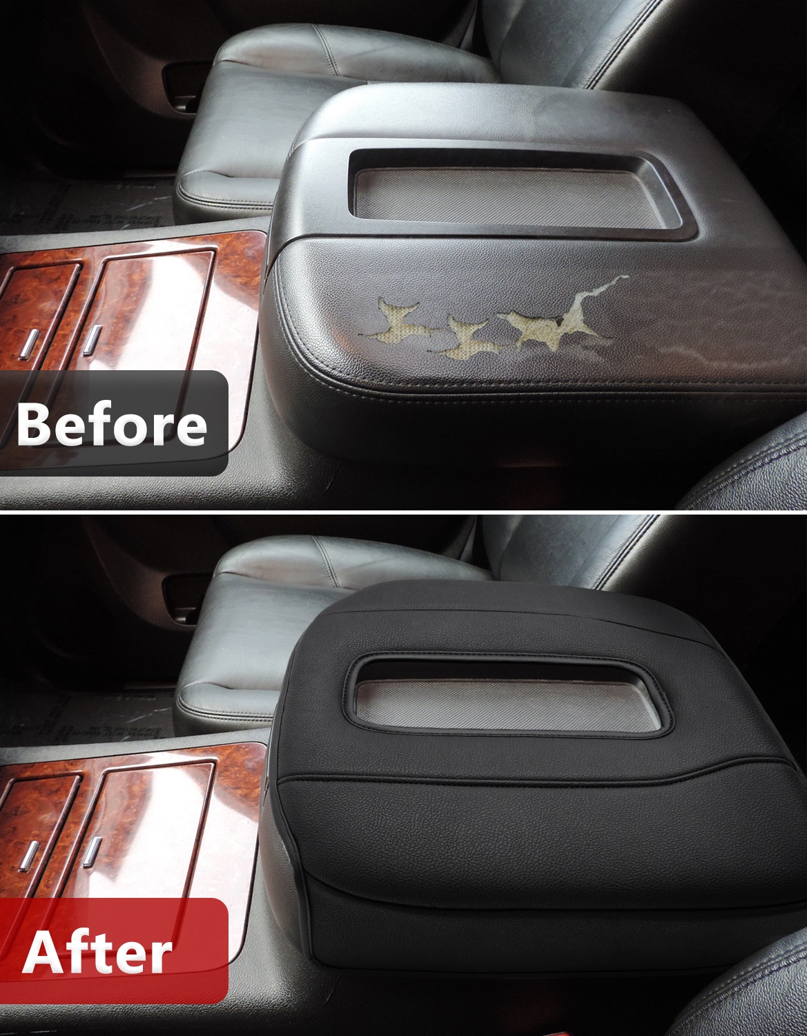 KBH Center Console Cover for 2007-2014 Chevy Silverado Tahoe Suburban Avalanche, GMC Sierra Yukon, Black Leather Armrest Cover for Car Interior Accessories (Bucket Seat Only)