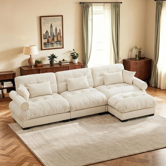 QuzyAor 130" Oversized Modular Sectional Sofa, Velvet Cloud L Shaped Couch with Movable Ottoman, Deep Seat Comfy Living Room Set with 5 Pillows, Cream