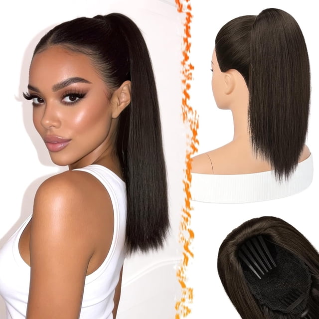 Yanonmyfd Black Straight Drawstring Ponytail Extension - 28 Inch Long Straight Drawstring Ponytail Extension Natural Looking Fluffy Soft Synthetic Cheer Posh Pony Tails Hairpieces Daily Party