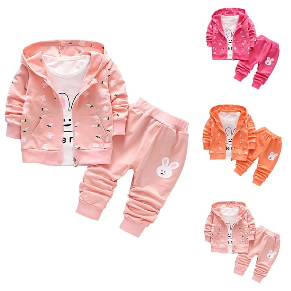 Swuxness Girls' Fleece 2 Piece Sets, Kids Fall Long Sleeve Sets, Children's Little Print Casual Fashion Jacket Round Neck Base Shirt Long Pants Three-piece Suit for Kids Hot Pink, 4-5 Years