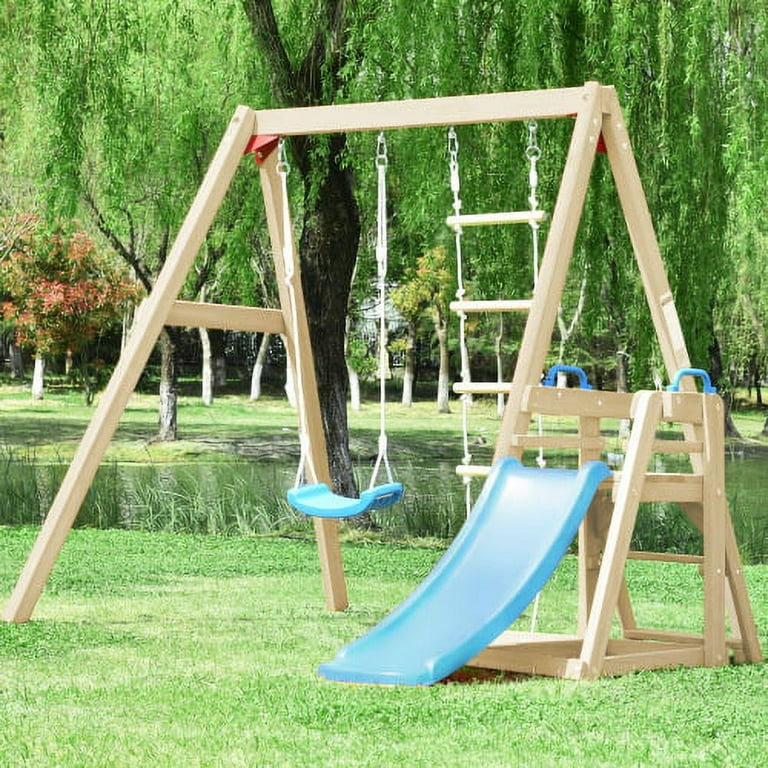Wooden Swing Set with Slide, Outdoor Playset Backyard Activity