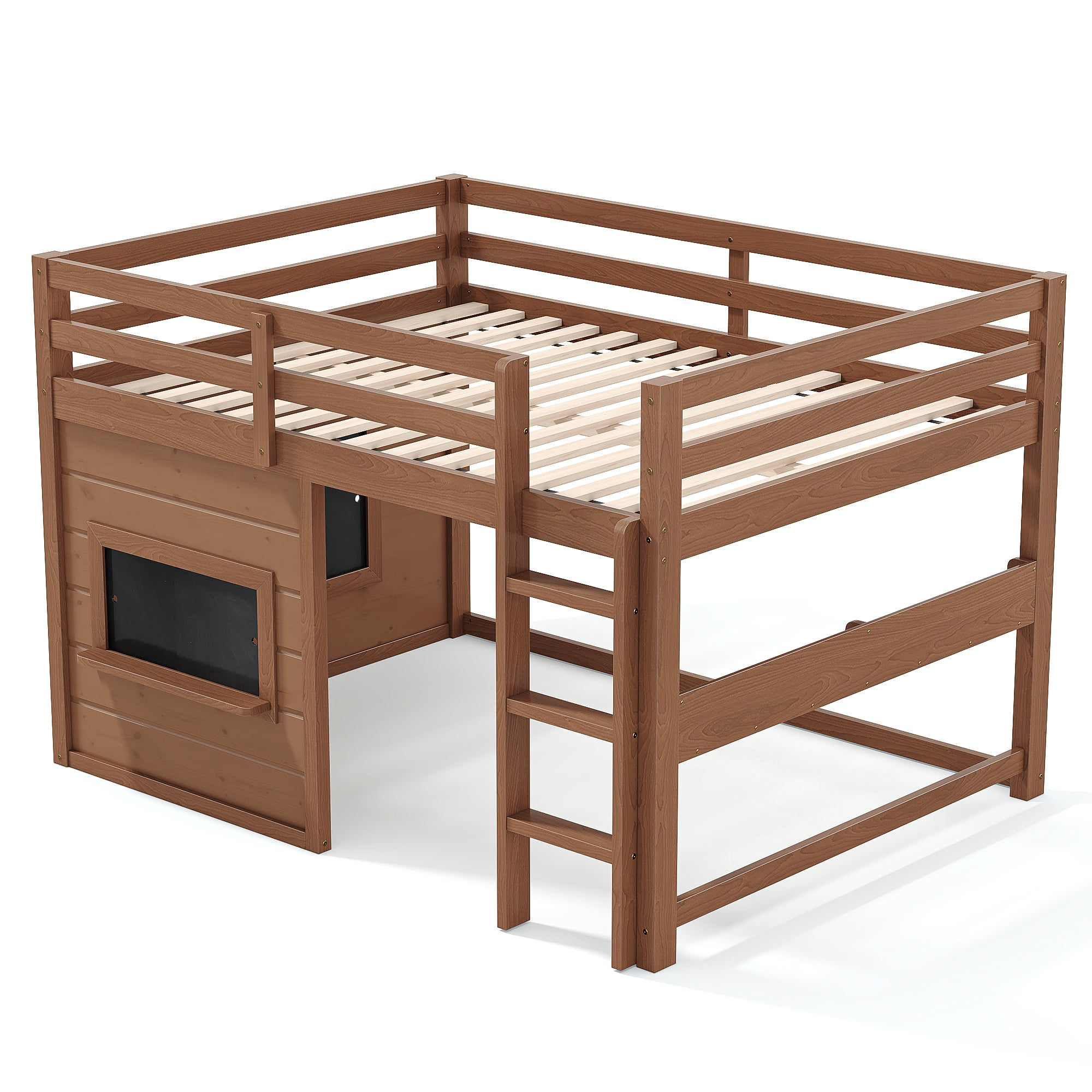 Leumius Full Size Loft Bed with Storage Shelves,Solid Wood Low Loft Bed Frame with Chalkboard and Bookshelf,Space Saving,Natural