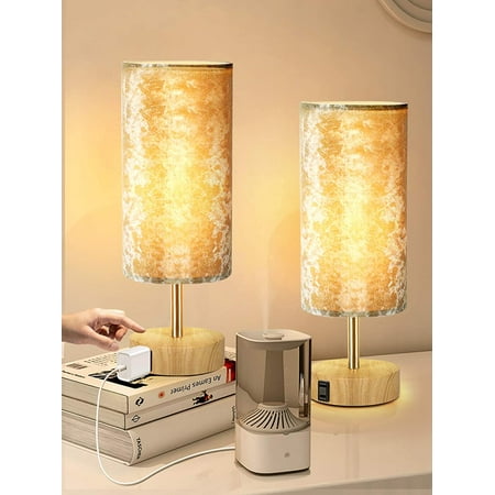 Bedside Table Lamp Set of 2 - Touch Control Table Lamp Velvet Shade ...