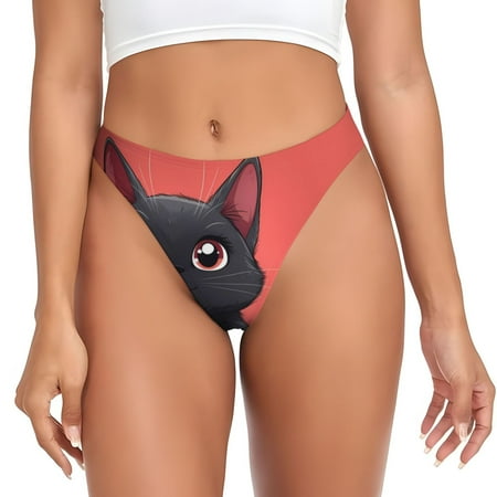 Lafuoo Cute Black Kitten Cartoon Pattern Women s Seamless Thong  Low Rise Underwear Panties Women s Clothing-Small