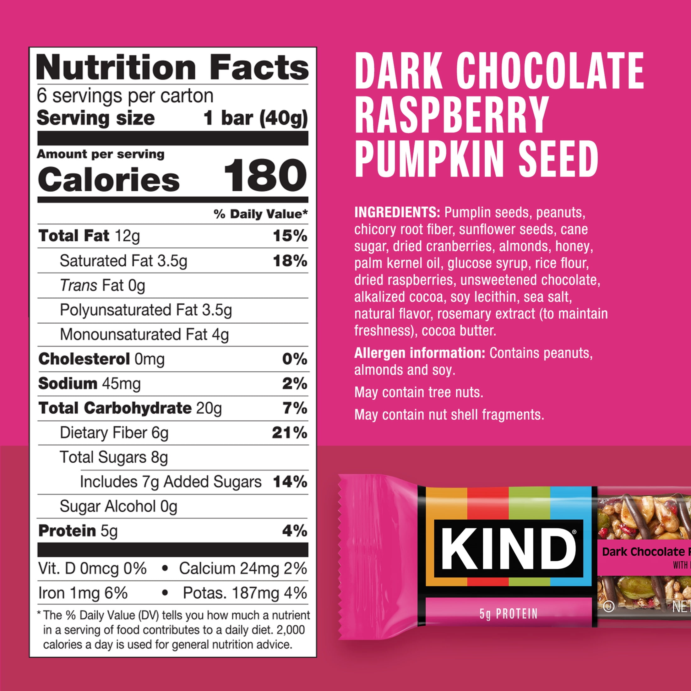 (6 pack) KIND Seeds Fruit & Nuts Snack Bar, Dark Chocolate Raspberry Pumpkin Seed, Gluten Free, 6 Count Box