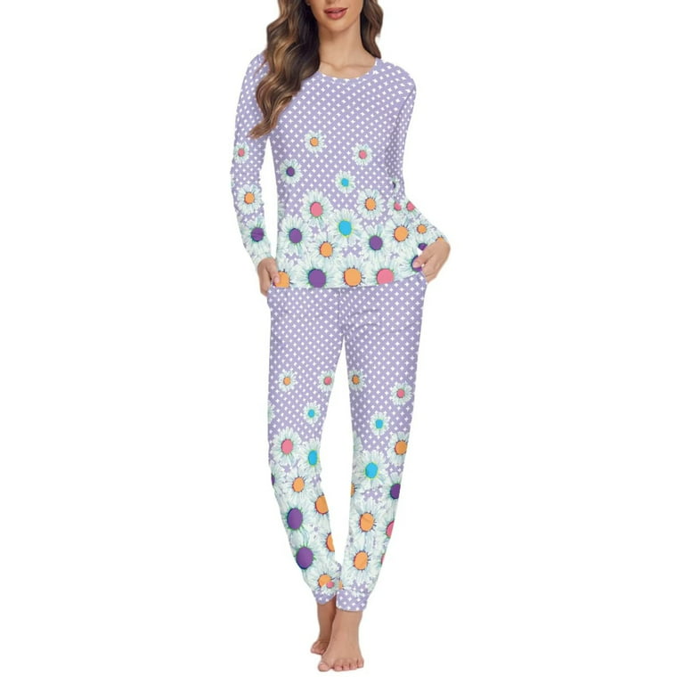 Renewold Women's Soft Long Sleeve Pajamas Set Beautiful Color Daisies Print  Top and Pants Pjs Fall Winter Vacation Lounge Sleepwear Sets with Pockets  Size M 