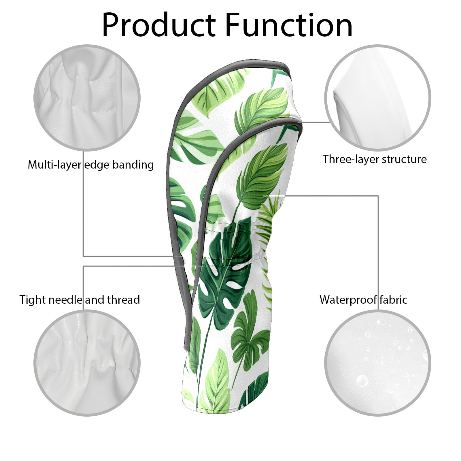 Golf Club Covers PU Leather Waterproof Head Covers for Fairway Woods Hybrids Green Leaves